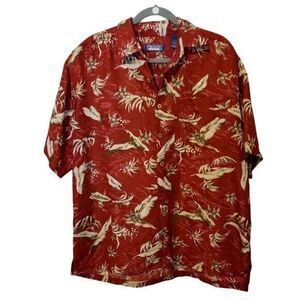 Premier Mens Sz L Red  Floral Short Sleeve Button Down Hawaiian Shirt